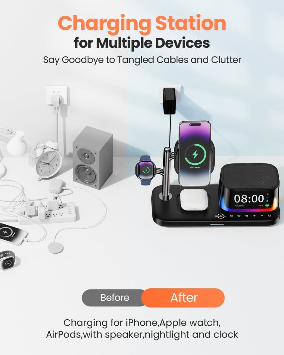 7-in-1 Wireless Charging Station for Multiple Apple Devices Bluetooth Speaker Alarm Clock Night Light, Qi2.2 Mag-Safe Charger Stand for iPhone 17/16/15 Pro Max Apple Watch Airpods 45W Adapter Included thumbnail 5