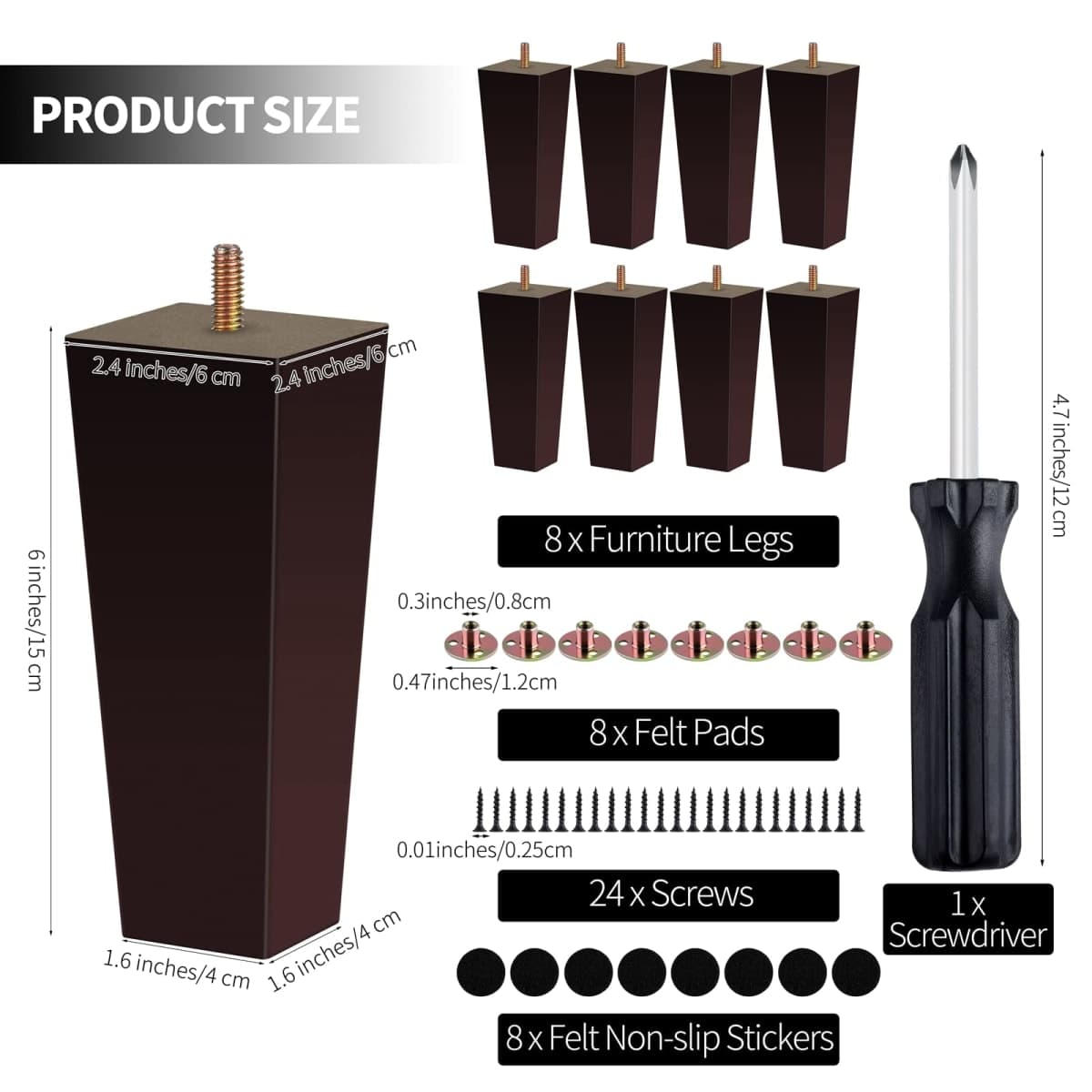 TURSTIN Set of 8 Furniture Legs 6 Inch Square Solid Wood Couch Legs Replacement Sofa Legs Mid Century Furniture Feet for Armchair Bed Dresser Cabinet Include Installation Hardware, Brown thumbnail 2