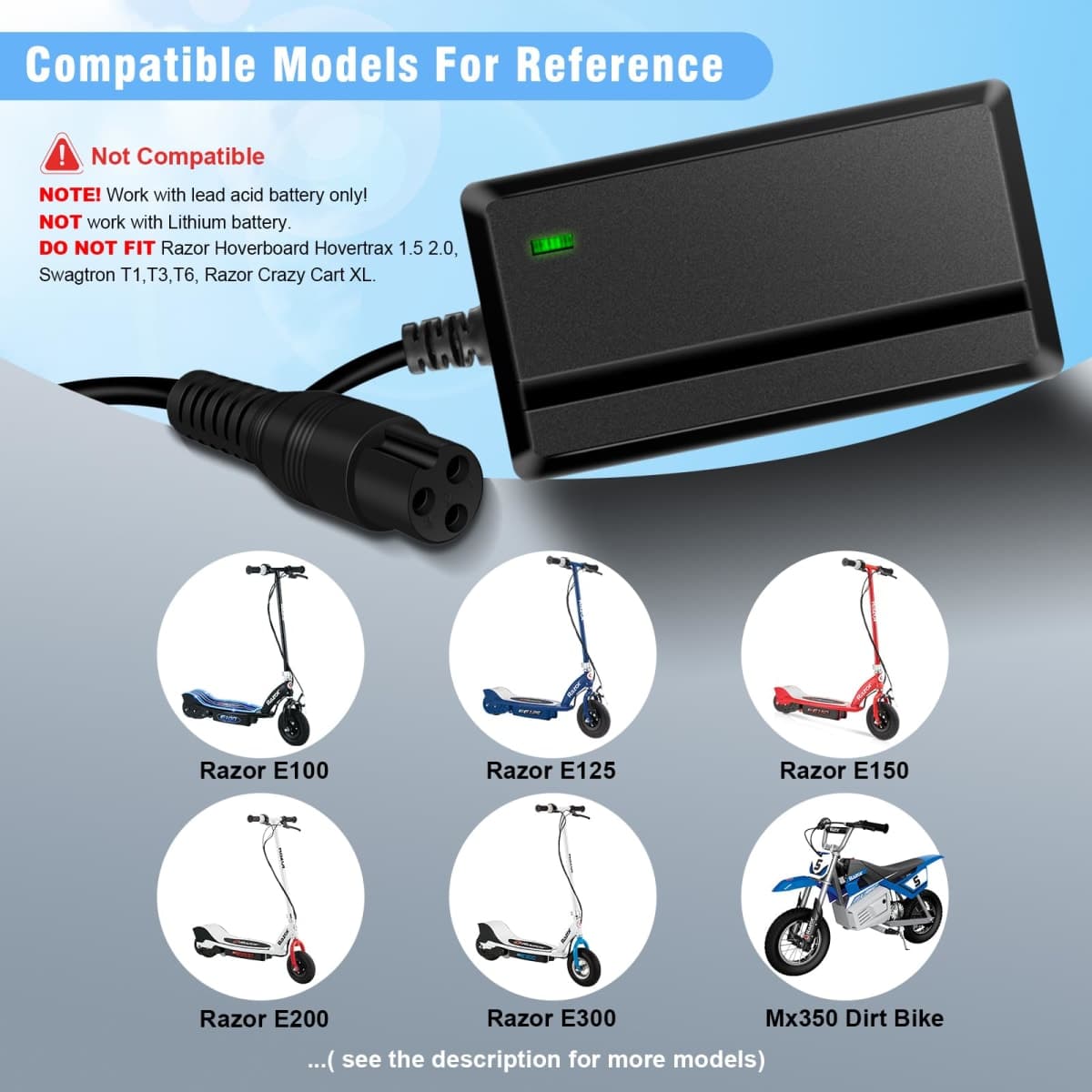 24V Charger for Electric Scooter Razor MX350 Electric Scooter Dirt Bike E100 E175 E200 E200S E300 E300S E500 Pocket Mod, Sports Mod and Dirt Quad thumbnail 3