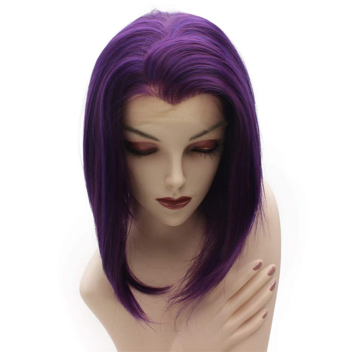 iwonawig Short Straight Bob Wig Drag Queen Synthetic Lace Front Wig Raven Purple Half Hand Tied Heat Resistant Fiber Hair Wig thumbnail 2