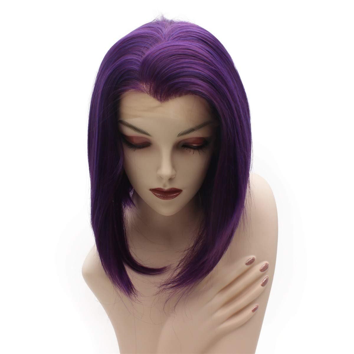 iwonawig Short Straight Bob Wig Drag Queen Synthetic Lace Front Wig Raven Purple Half Hand Tied Heat Resistant Fiber Hair Wig thumbnail 3