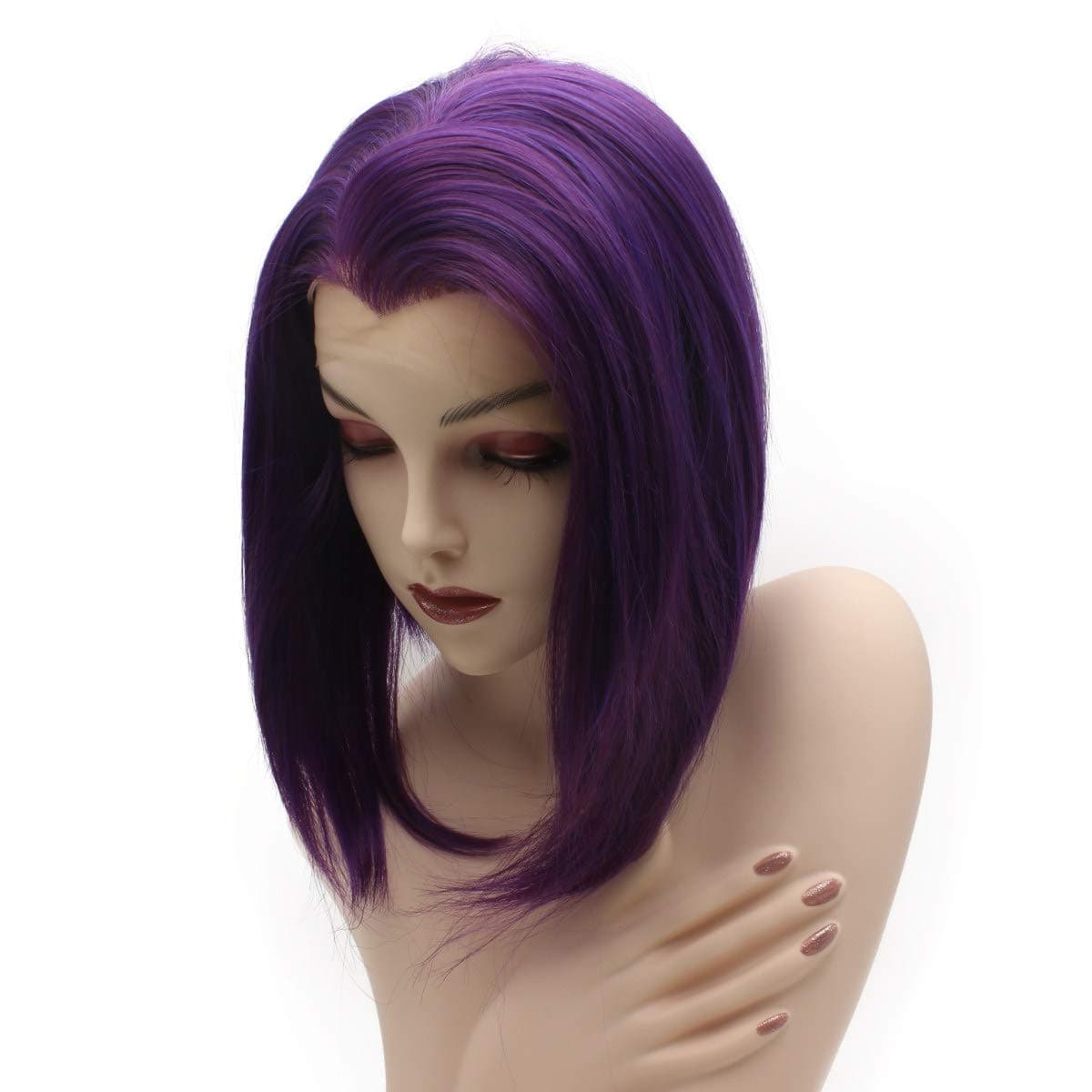 iwonawig Short Straight Bob Wig Drag Queen Synthetic Lace Front Wig Raven Purple Half Hand Tied Heat Resistant Fiber Hair Wig thumbnail 5