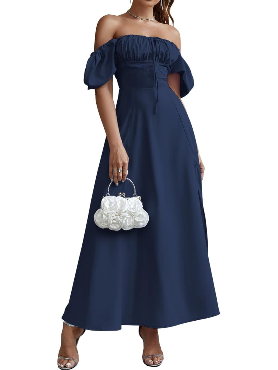 KUTUMAI Women's Summer Off Shoulder Maxi Dress Puff Sleeve A Line Flowy Ruffle Swing Split Long Dresses Navy XL — image 1