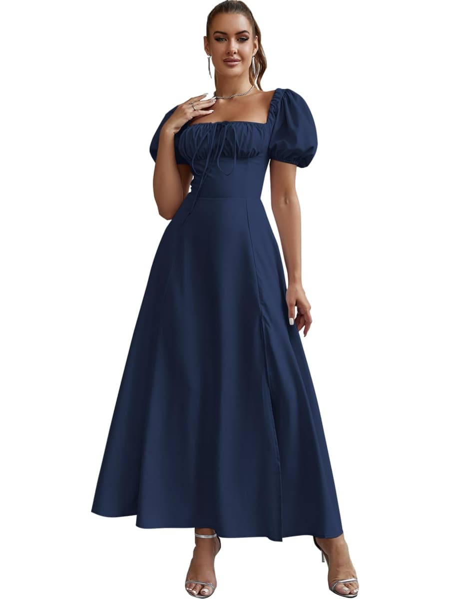 KUTUMAI Women's Summer Off Shoulder Maxi Dress Puff Sleeve A Line Flowy Ruffle Swing Split Long Dresses Navy XL thumbnail 2