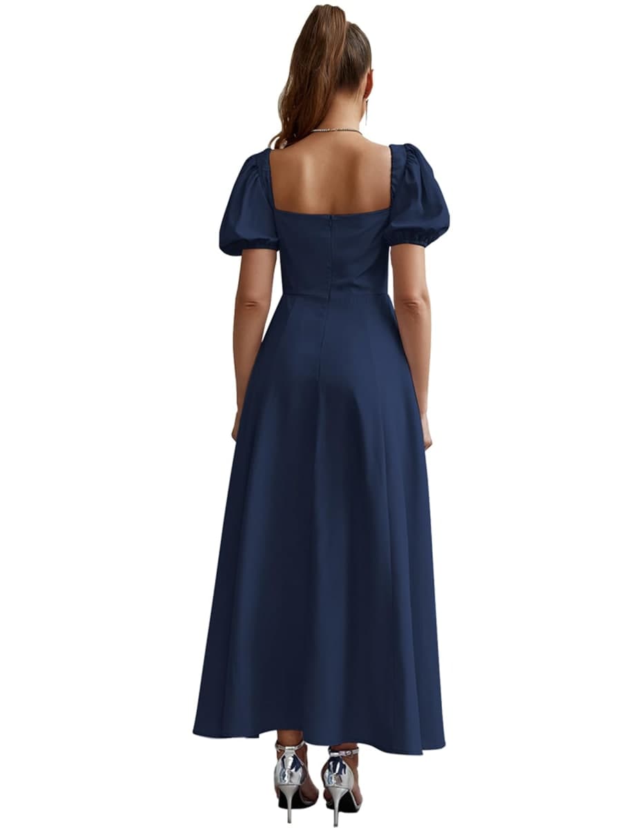 KUTUMAI Women's Summer Off Shoulder Maxi Dress Puff Sleeve A Line Flowy Ruffle Swing Split Long Dresses Navy XL thumbnail 3