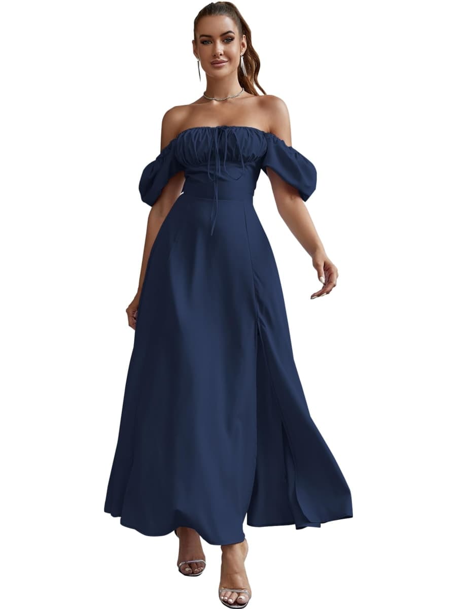 KUTUMAI Women's Summer Off Shoulder Maxi Dress Puff Sleeve A Line Flowy Ruffle Swing Split Long Dresses Navy XL thumbnail 4