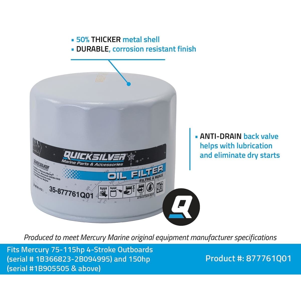 Quicksilver 877761Q01 Oil Filter for Select Mercury and Mariner 75-115hp Outboards and 150hp EFI 4-Stroke Outboards thumbnail 3