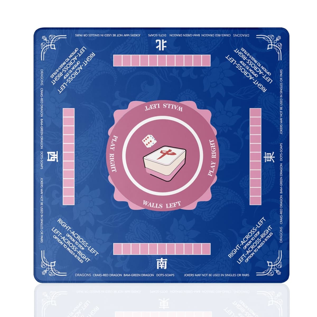 Bule Mahjong Mat 31"x31" - Professional Noise Reducing Rubber Table Game Mat with Charleston info,Chinese Characters, Non-Slip Base & Velvet Bag - for Dominoes, Cards&Board Game — image 1