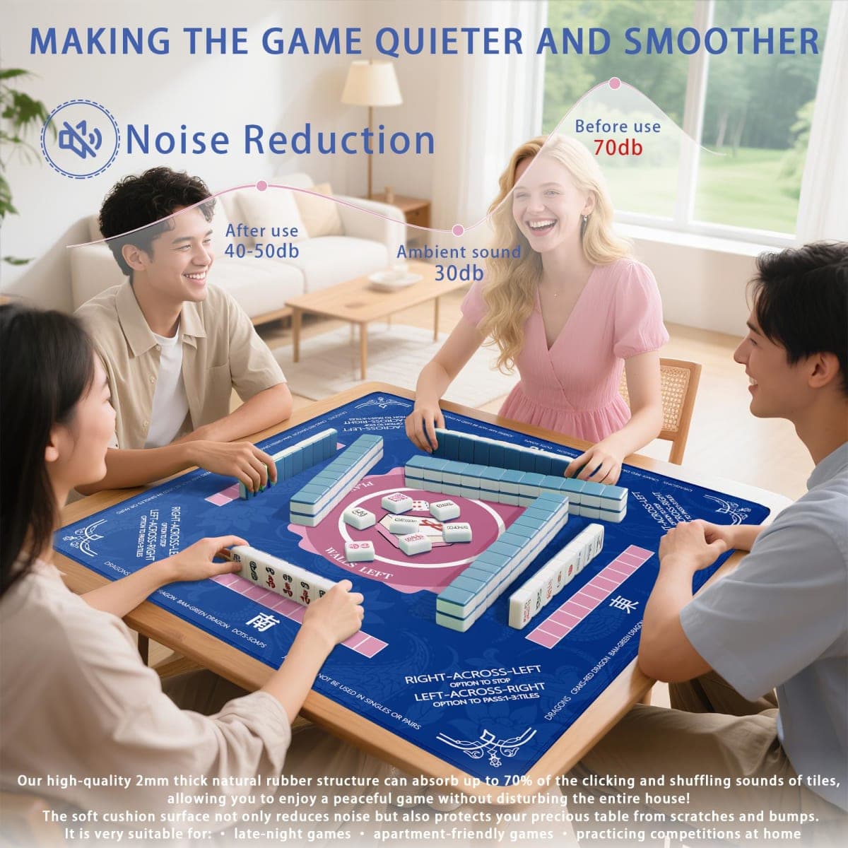 Bule Mahjong Mat 31"x31" - Professional Noise Reducing Rubber Table Game Mat with Charleston info,Chinese Characters, Non-Slip Base & Velvet Bag - for Dominoes, Cards&Board Game thumbnail 2