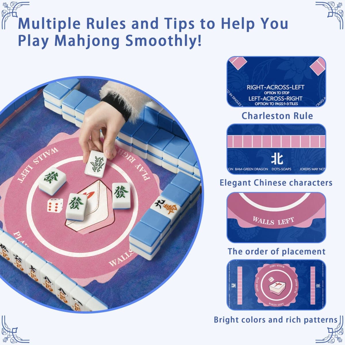 Bule Mahjong Mat 31"x31" - Professional Noise Reducing Rubber Table Game Mat with Charleston info,Chinese Characters, Non-Slip Base & Velvet Bag - for Dominoes, Cards&Board Game thumbnail 3