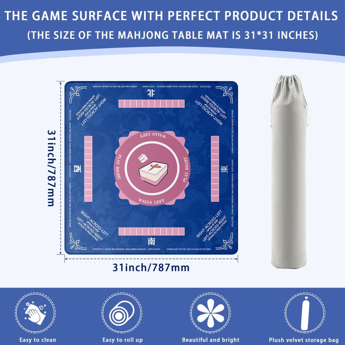 Bule Mahjong Mat 31"x31" - Professional Noise Reducing Rubber Table Game Mat with Charleston info,Chinese Characters, Non-Slip Base & Velvet Bag - for Dominoes, Cards&Board Game thumbnail 4