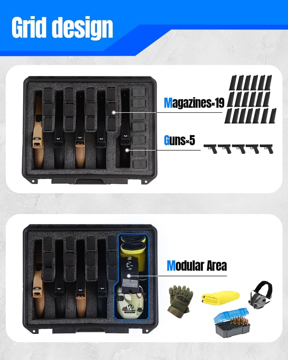 Gun Case for 5 Handguns Pistol Case, Hard Shell Pistol Carrying Case with Spring Buckles, IP67 Waterproof Firearms Travel Case with Tsa Approved Lockholes Fits Glock, Beretta, S&W, Sig Sauer thumbnail 2