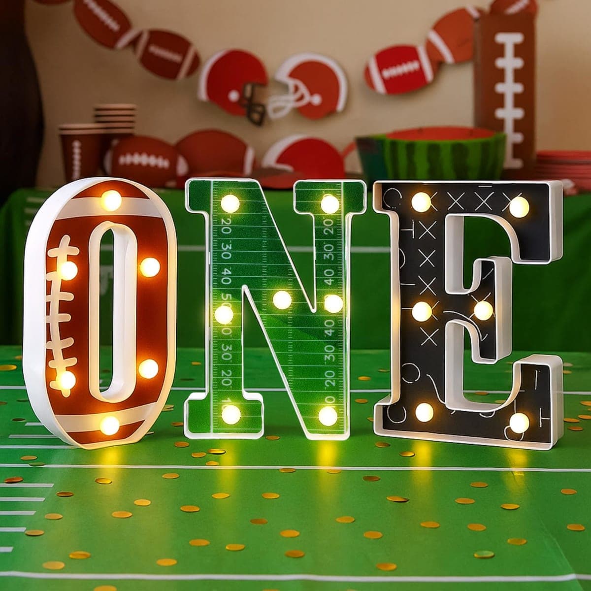 Grinsvalley Football 1st Birthday Party Decorations One Letters Light Birthday Decorations Light up Letters for Centerpieces Table Backdrop 1 Year Old Football Party Supplies Boy or Girl — image 1