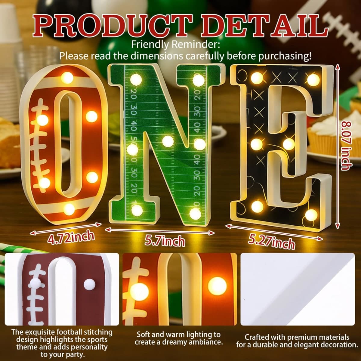 Grinsvalley Football 1st Birthday Party Decorations One Letters Light Birthday Decorations Light up Letters for Centerpieces Table Backdrop 1 Year Old Football Party Supplies Boy or Girl thumbnail 2