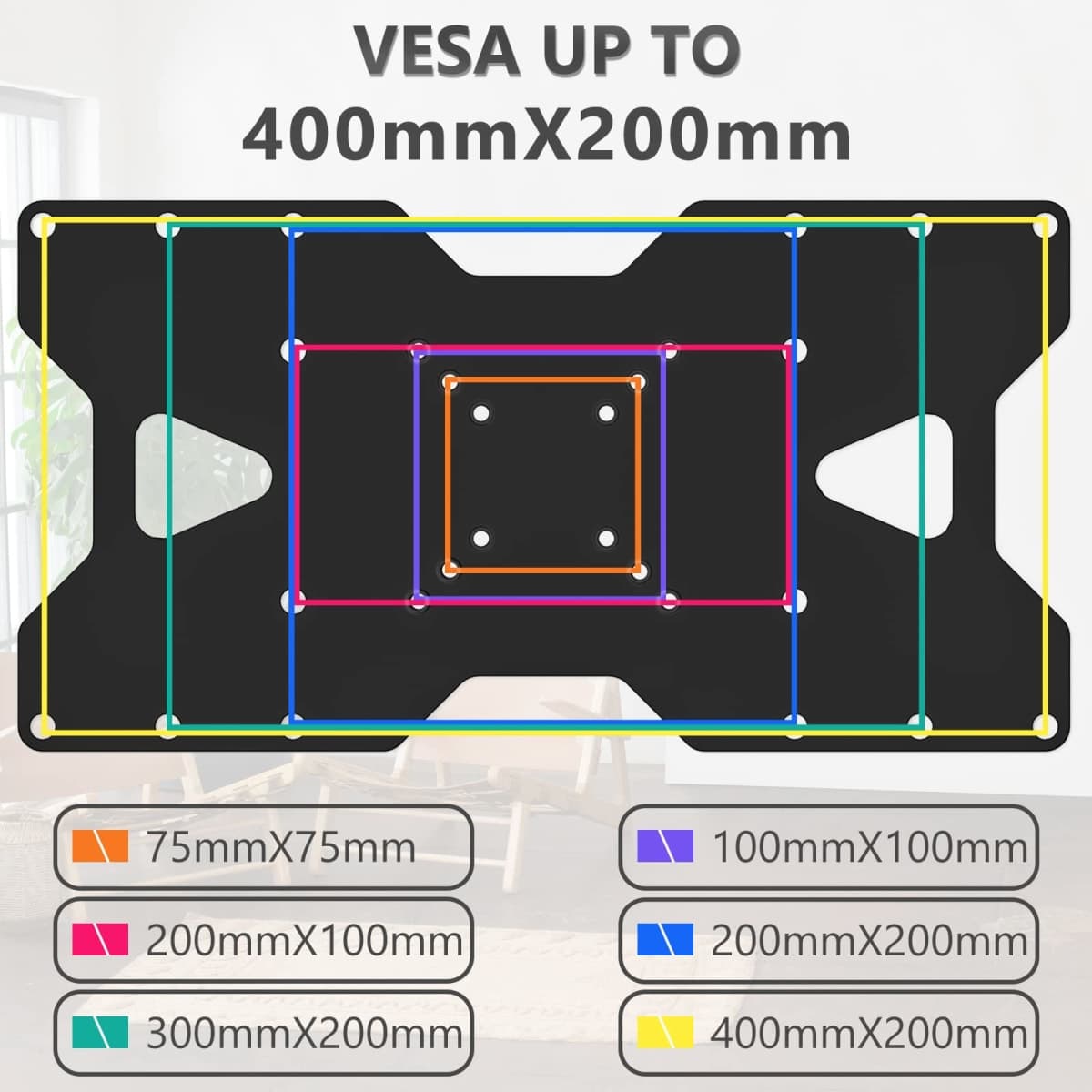 WALI Adapter Plate for TV Mount, 400x200 Universal Mount, Convert 75x75, 100x100mm up to 400x200mm Mounting Holes Patterns (ADP402), Black thumbnail 4