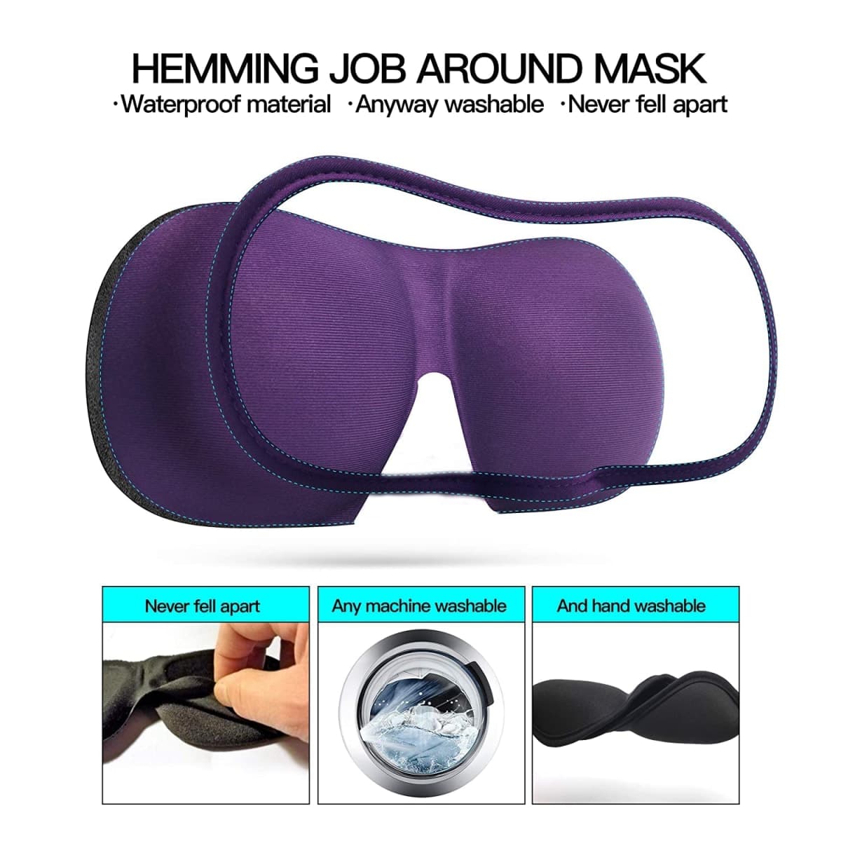 3D Eye mask for Sleeping,Machine Washable, Sleep Mask for Women, Blinder Blindfold Airplane with Travel Pouch (Black +Purple) thumbnail 5