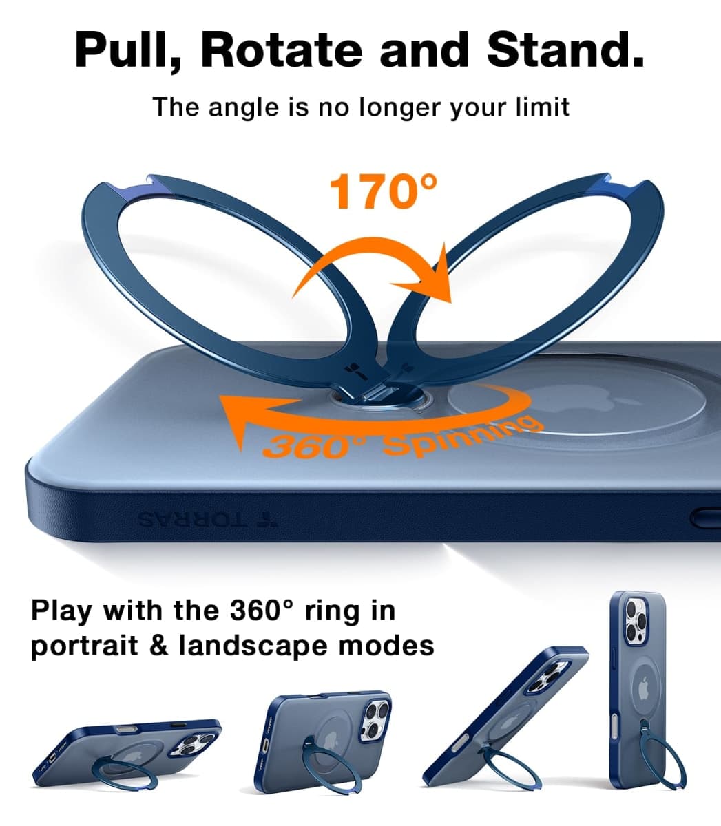 TORRAS 360° Spin Magnetic Stand for iPhone 16 Pro Max Case, Fit for MagSafe, 12FT Mili-STD Protective Case for 16 Pro Max Phone Case with Kickstand Rotatable, Ostand Spin, Navy Blue 6.9 inch thumbnail 3