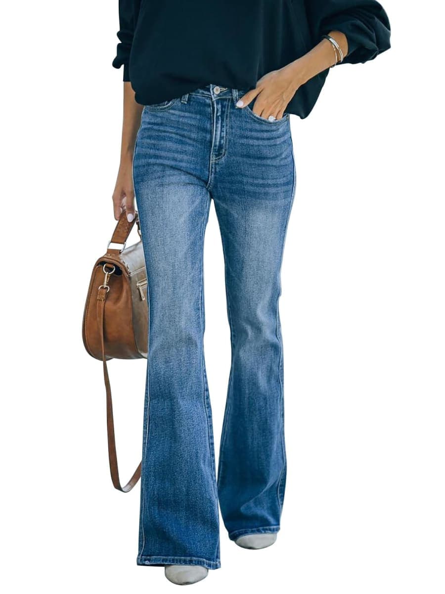 KUNMI Women's Flare Bell Bottom Jeans High Waisted Wide Leg Bootcut Jeans Stretchy Denim Pants, Bb011-darkblue, 6 — image 1