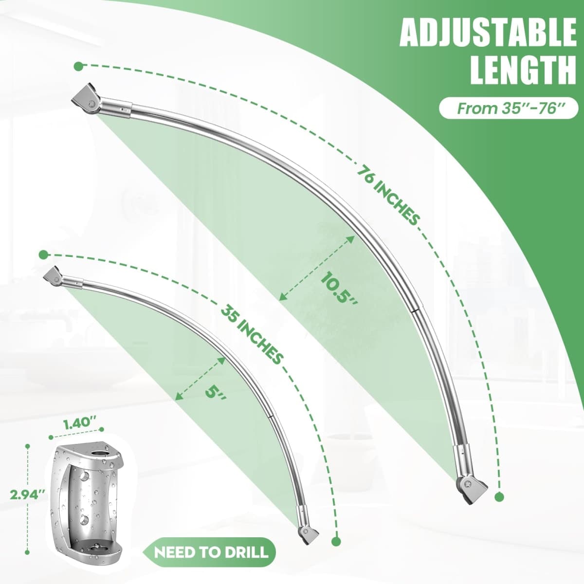 Sliver Curved Shower Curtain Rod 33-78 Inches Adjustable Splicing Design Curved Shower Rods Round Shower Curtain Rod Rust Proof Stainless Steel Curved Shower Rods For Bathroom Need to Drill thumbnail 2