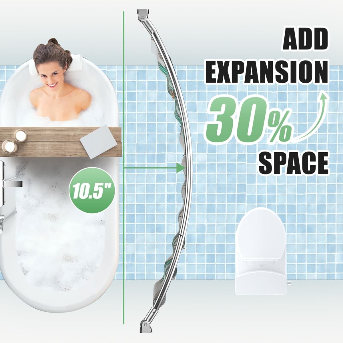 Sliver Curved Shower Curtain Rod 33-78 Inches Adjustable Splicing Design Curved Shower Rods Round Shower Curtain Rod Rust Proof Stainless Steel Curved Shower Rods For Bathroom Need to Drill thumbnail 3