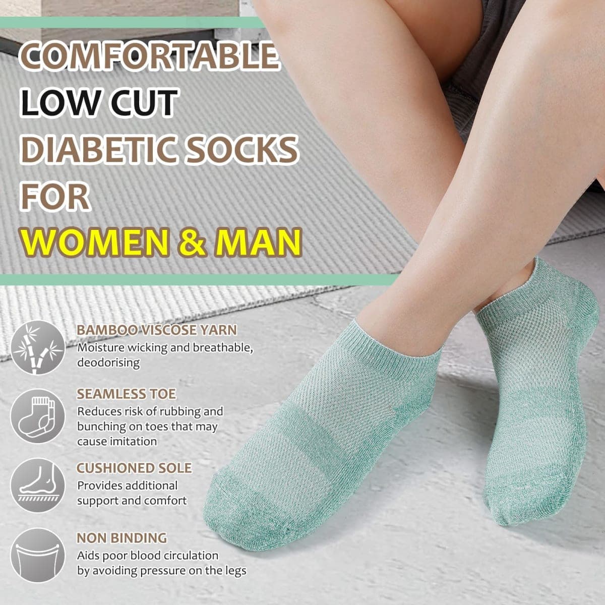 Bulinlulu Diabetic Socks for Men Women,6 Pairs Low Cut Non Binding Diabetic Bamboo Seamless Socks for Men Size 9-12 10-13(White-Medium) thumbnail 4