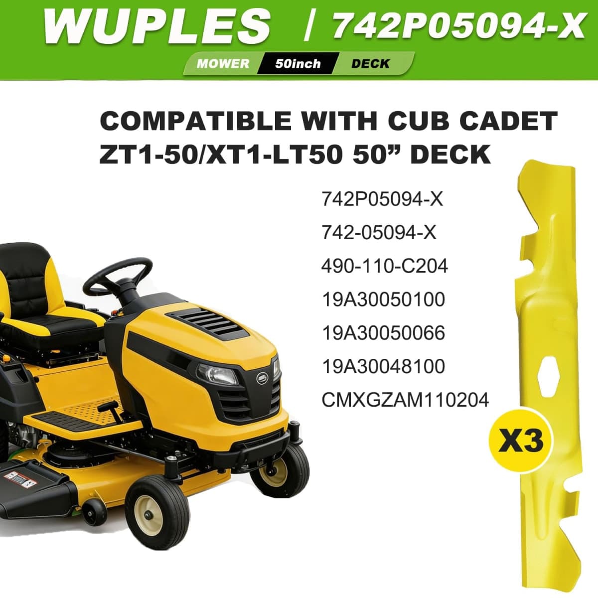 Wuples ZT1 50 742P05094-X Mulching Blades Compatible with Cub Cadet Enduro XT1-LT50 Ultima ZT1-50,High-Lift Blades Fit S-Shaped Hole 50inch Cutting Decks,Original Color Matching-Yellow-3 Pack thumbnail 2