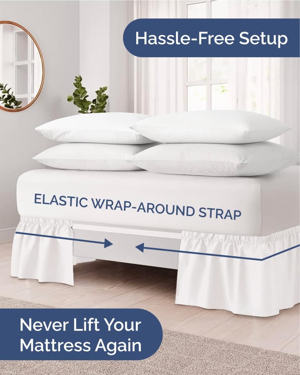 Wrap Around Dust Ruffle Bed Skirt for College Dorm - Antique White - Twin/Twin XL Size Beds w/ 15 Inch Drop - Elastic Strap & Adjustable Pleated Bedskirt - Wrinkle Free - for Women, Men, Kids & Teens thumbnail 2