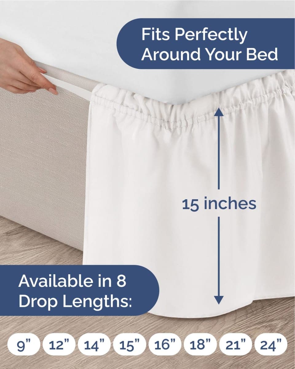 Wrap Around Dust Ruffle Bed Skirt for College Dorm - Antique White - Twin/Twin XL Size Beds w/ 15 Inch Drop - Elastic Strap & Adjustable Pleated Bedskirt - Wrinkle Free - for Women, Men, Kids & Teens thumbnail 4
