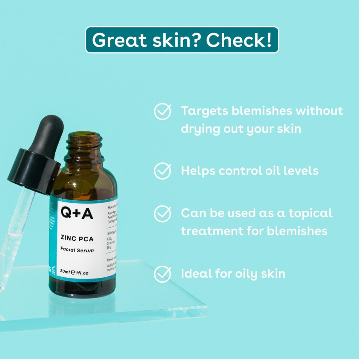 Q+A Zinc PCA Facial Serum (30ml), 99% Natural, Pore-Refining & Firming Serum with Zinc PCA and Reishi & Shiitake Mushrooms, Reduces Redness & Blemishes, Fragrance Free, Vegan & Cruelty Free Skincare thumbnail 3