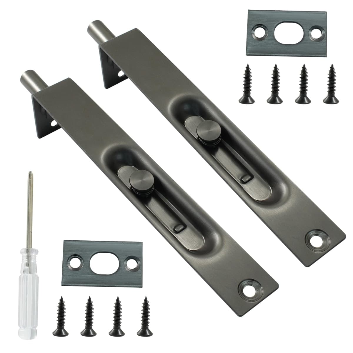 Kyuionty 2 Pack 6 Inch Stainless Steel Door Flush Bolt Latch, French Door Lock Latch L Type Lever Action Flush Bolt (Dark Gray) — image 1