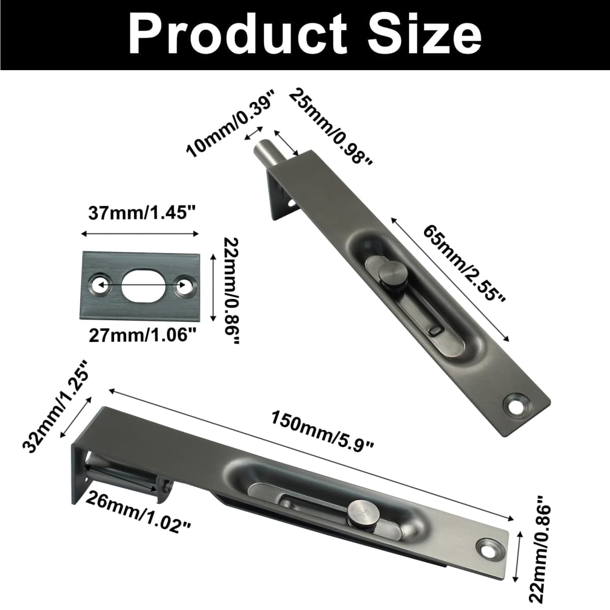 Kyuionty 2 Pack 6 Inch Stainless Steel Door Flush Bolt Latch, French Door Lock Latch L Type Lever Action Flush Bolt (Dark Gray) thumbnail 2