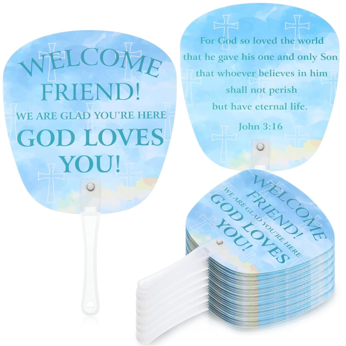 Geelin 50 Pcs Welcome to Our Church Fan Bulk Christian John 3: 16 Plastic Handheld Welcome Friend Summer Plastic Fan for Church Services Outdoor Worship Services Bible Party Decorations Gifts — image 1