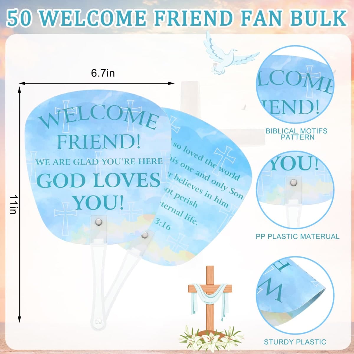 Geelin 50 Pcs Welcome to Our Church Fan Bulk Christian John 3: 16 Plastic Handheld Welcome Friend Summer Plastic Fan for Church Services Outdoor Worship Services Bible Party Decorations Gifts thumbnail 2