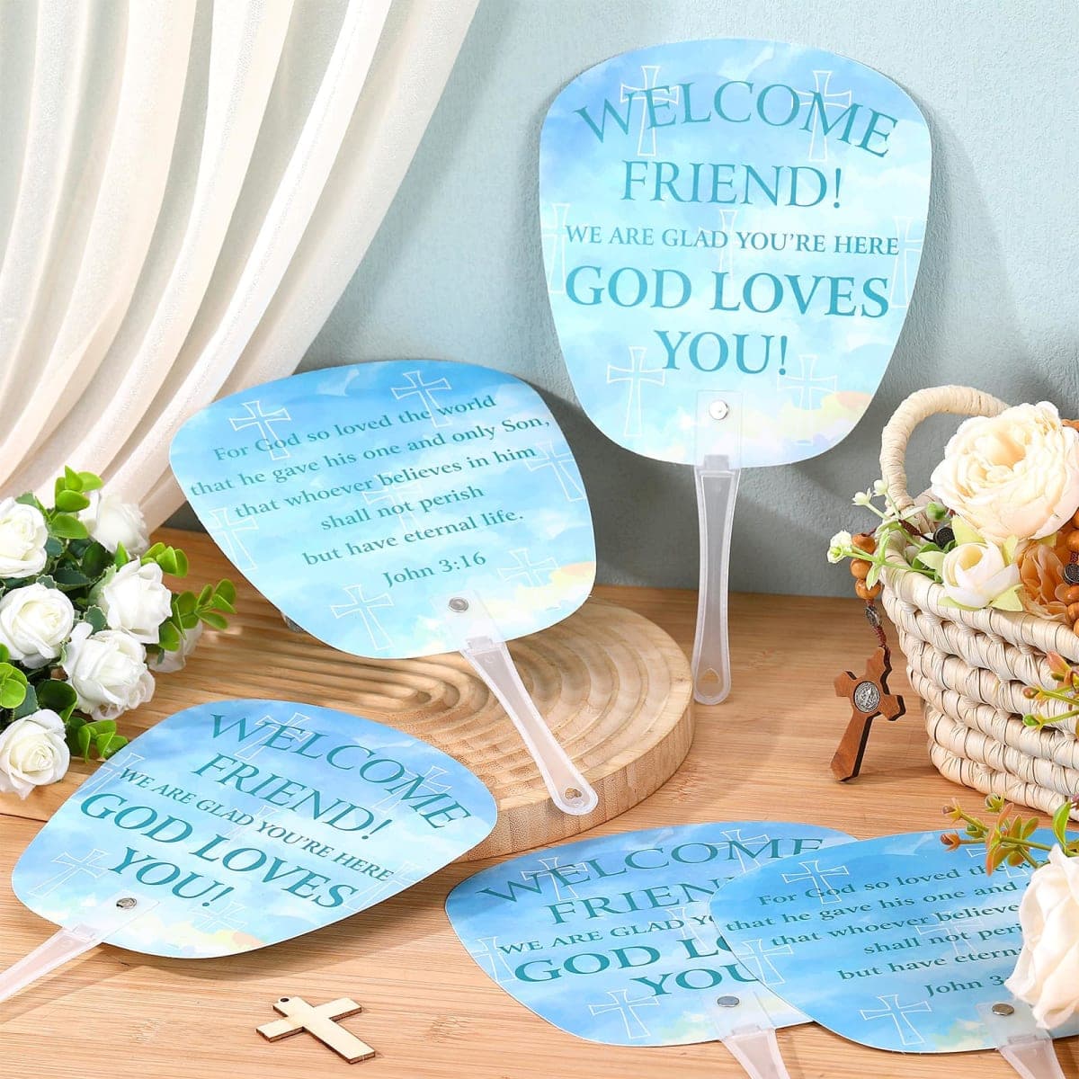 Geelin 50 Pcs Welcome to Our Church Fan Bulk Christian John 3: 16 Plastic Handheld Welcome Friend Summer Plastic Fan for Church Services Outdoor Worship Services Bible Party Decorations Gifts thumbnail 3