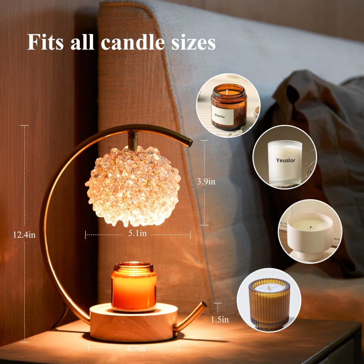 Yeuslor Gold Candle Warmer Lamp for Jar Candles with Adjustable Brightness＆Timer，Handcrafted Crystal＆Wooden Base, Luxurious Design,Home Decoration Electric Candle lamp(C-Shaped) thumbnail 3