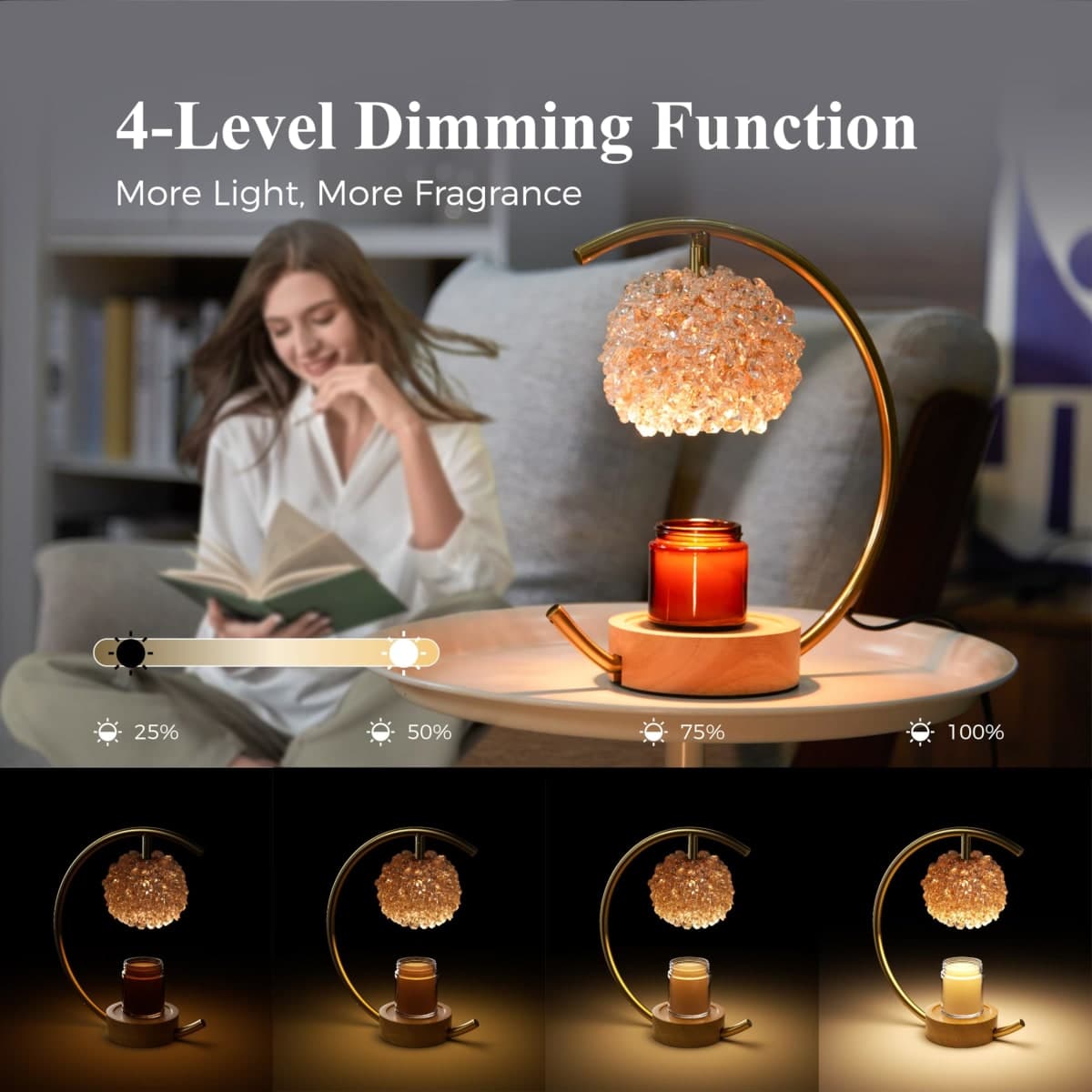 Yeuslor Gold Candle Warmer Lamp for Jar Candles with Adjustable Brightness＆Timer，Handcrafted Crystal＆Wooden Base, Luxurious Design,Home Decoration Electric Candle lamp(C-Shaped) thumbnail 4