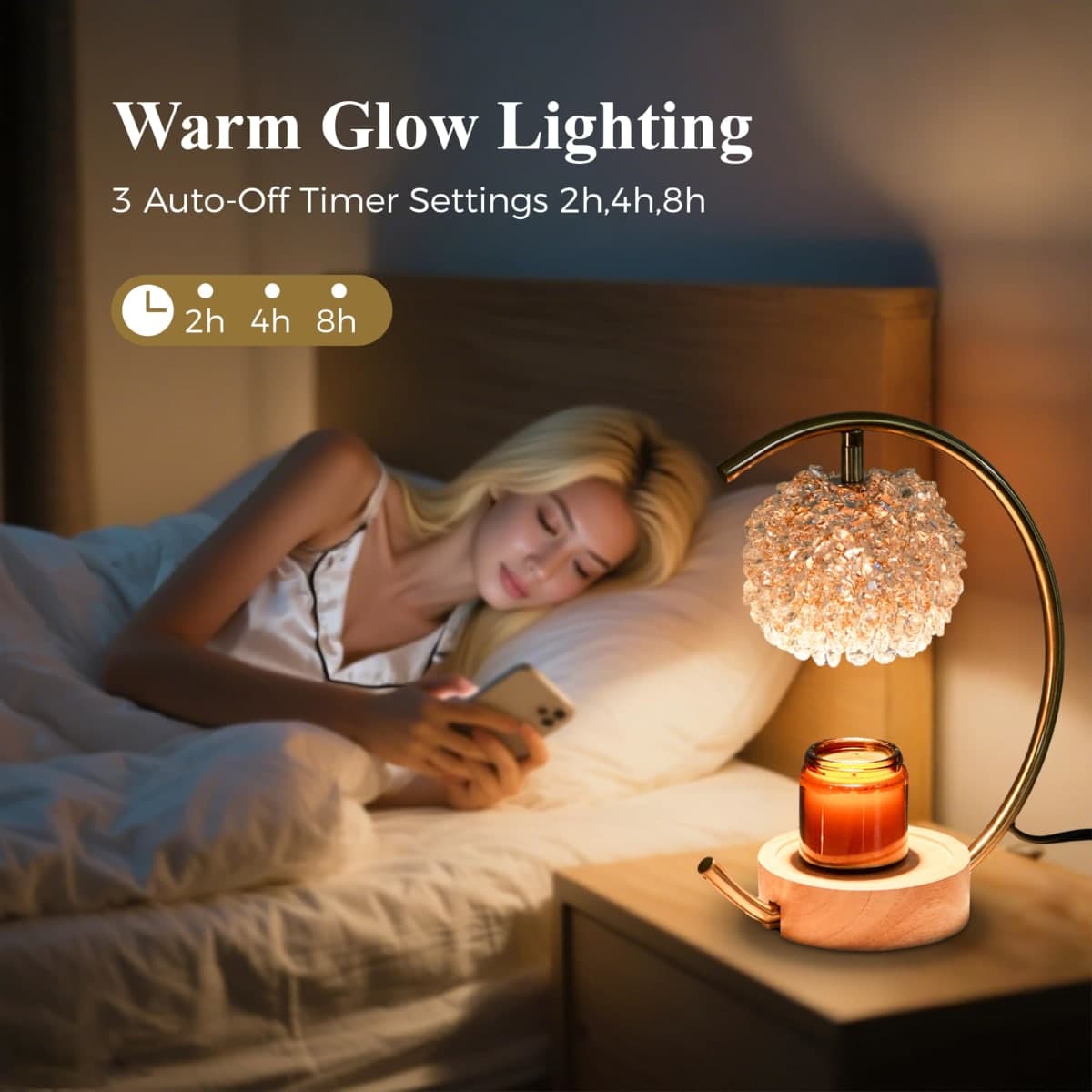 Yeuslor Gold Candle Warmer Lamp for Jar Candles with Adjustable Brightness＆Timer，Handcrafted Crystal＆Wooden Base, Luxurious Design,Home Decoration Electric Candle lamp(C-Shaped) thumbnail 5