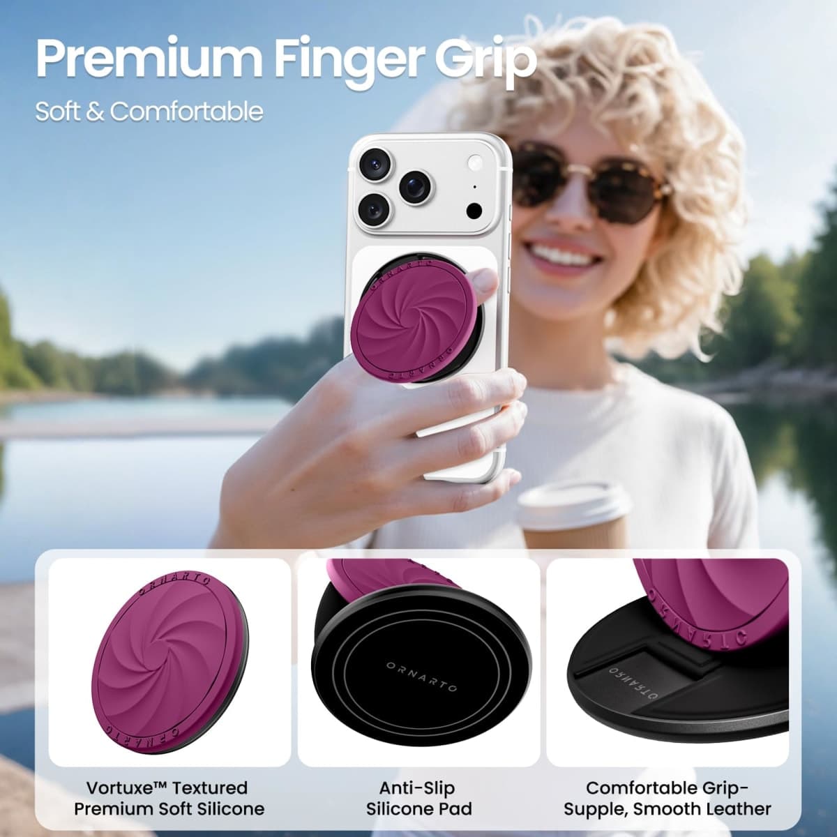 ORNARTO Vortuxe for MagSafe Phone Grip with Kickstand, Soft Liquid Silicone Finger Loop Grip, Phone Ring Holder for Back Premium Build & Comfy Touch,Fuchsia thumbnail 2
