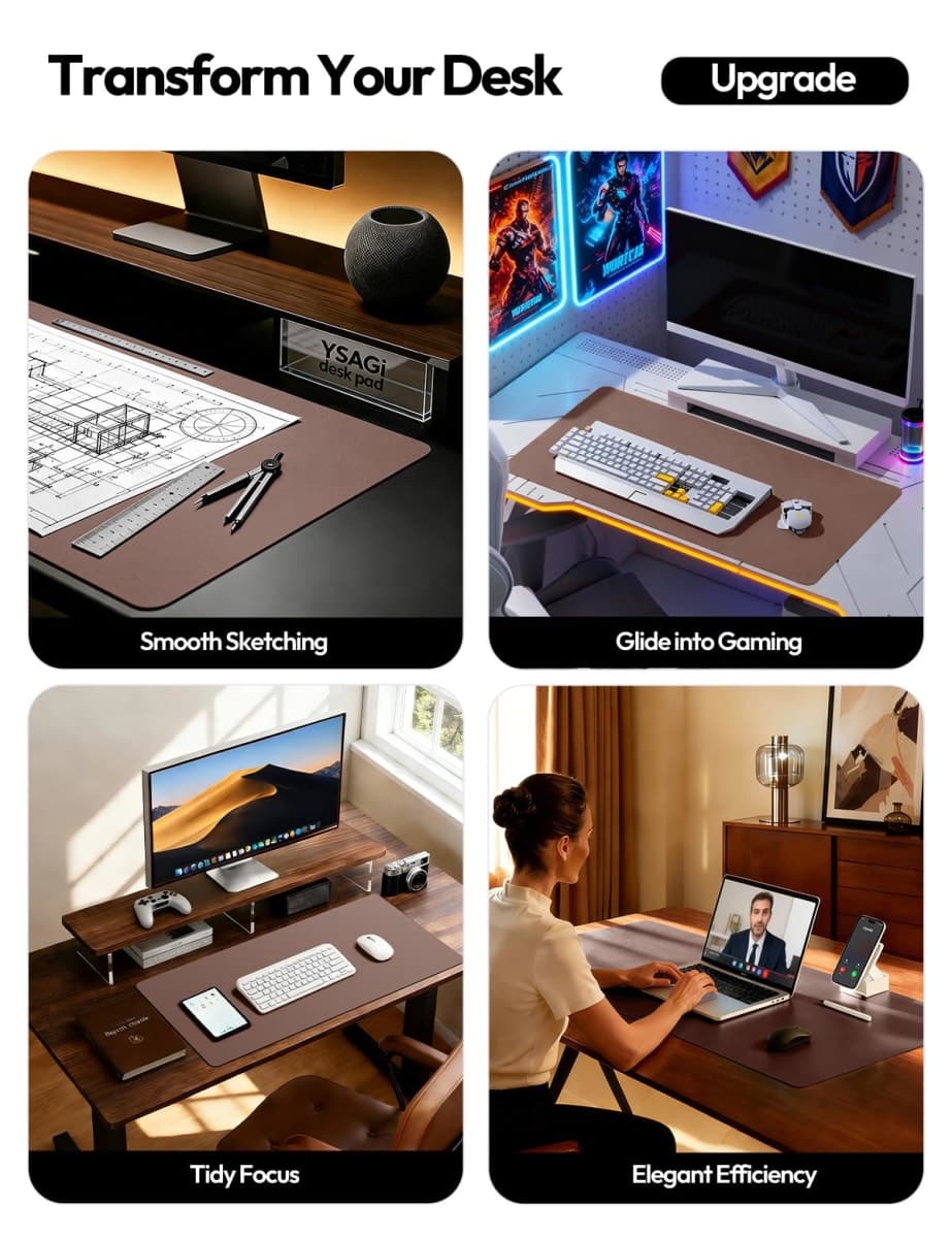 YSAGi Leather Desk Pad Protector, Office Desk Mat, Large Mouse Pad, Non-Slip PU Leather Desk Blotter, Laptop Desk Pad, Waterproof Desk Writing Pad for Office and Home (Chocolate, 35.4" x 17") thumbnail 2