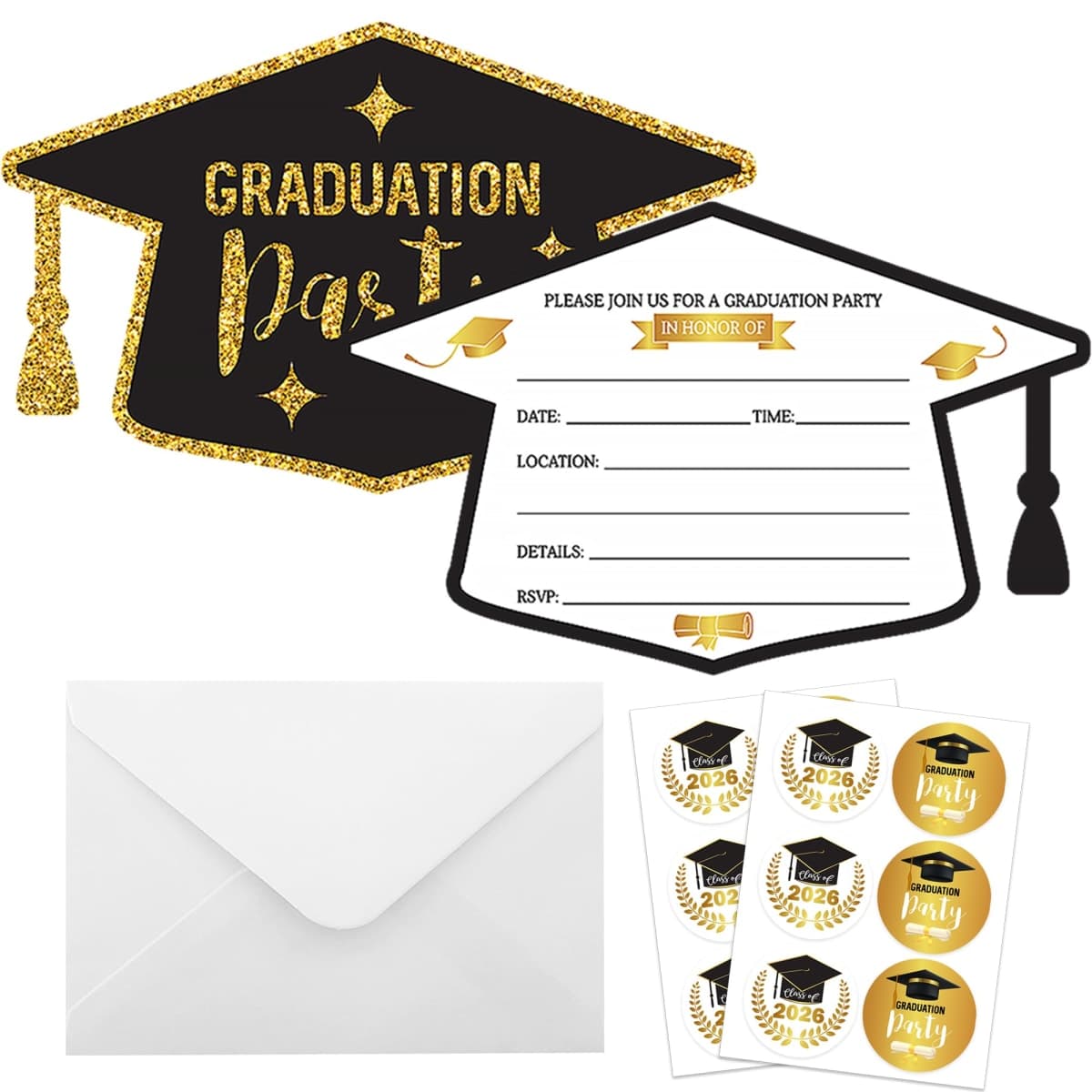 wonmon 30 Set Graduation Party Invitations with Envelopes & Stickers, Black Gold Graduation Hat Shape Congrats Grad Party Invite Cards for College High School Grad Celebration Party Supplies — image 1