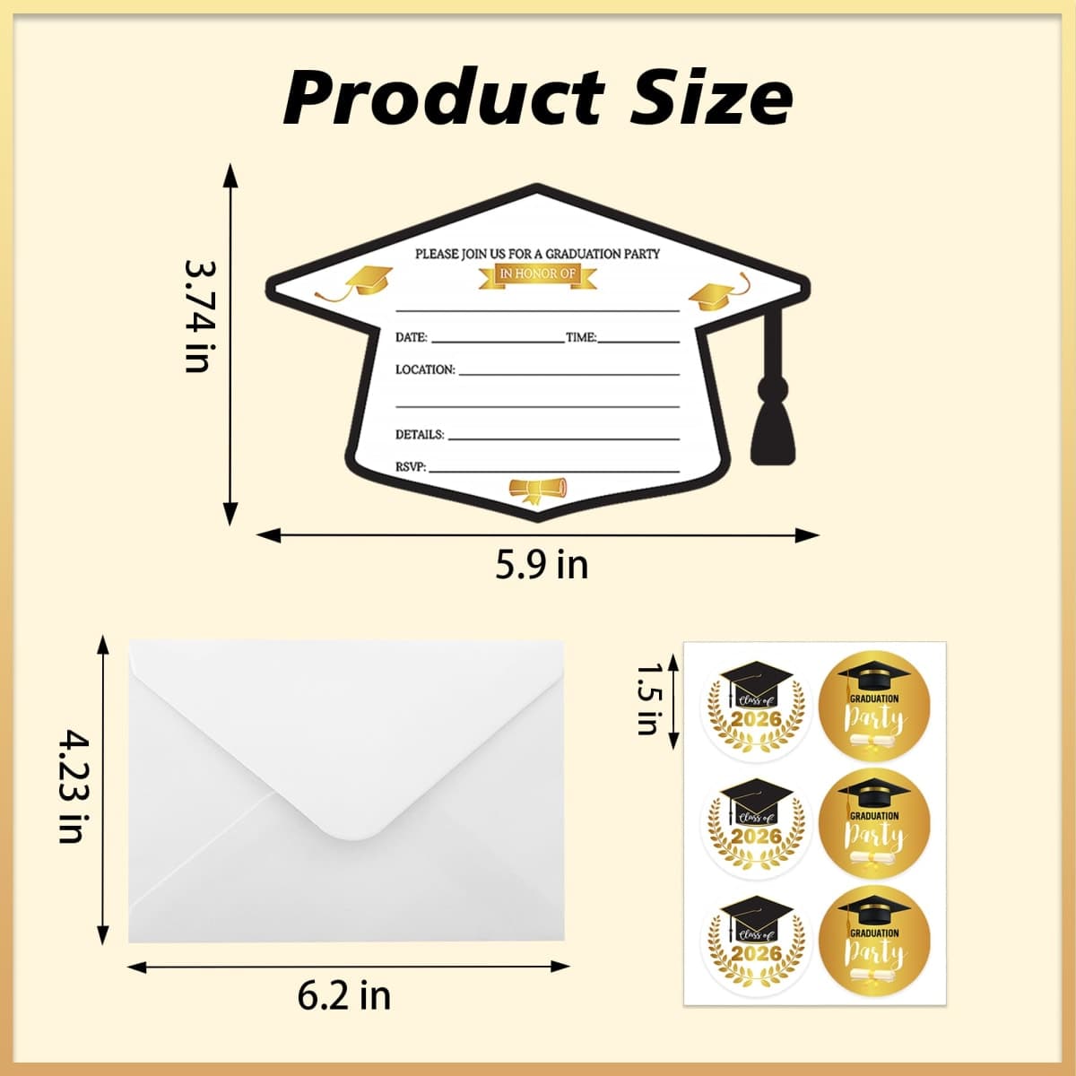 wonmon 30 Set Graduation Party Invitations with Envelopes & Stickers, Black Gold Graduation Hat Shape Congrats Grad Party Invite Cards for College High School Grad Celebration Party Supplies thumbnail 2
