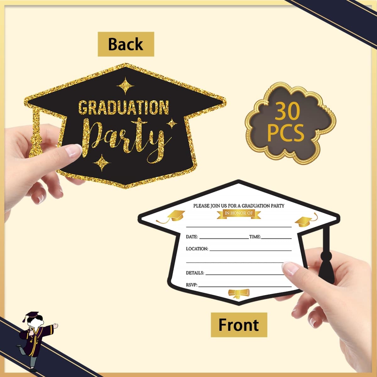 wonmon 30 Set Graduation Party Invitations with Envelopes & Stickers, Black Gold Graduation Hat Shape Congrats Grad Party Invite Cards for College High School Grad Celebration Party Supplies thumbnail 3