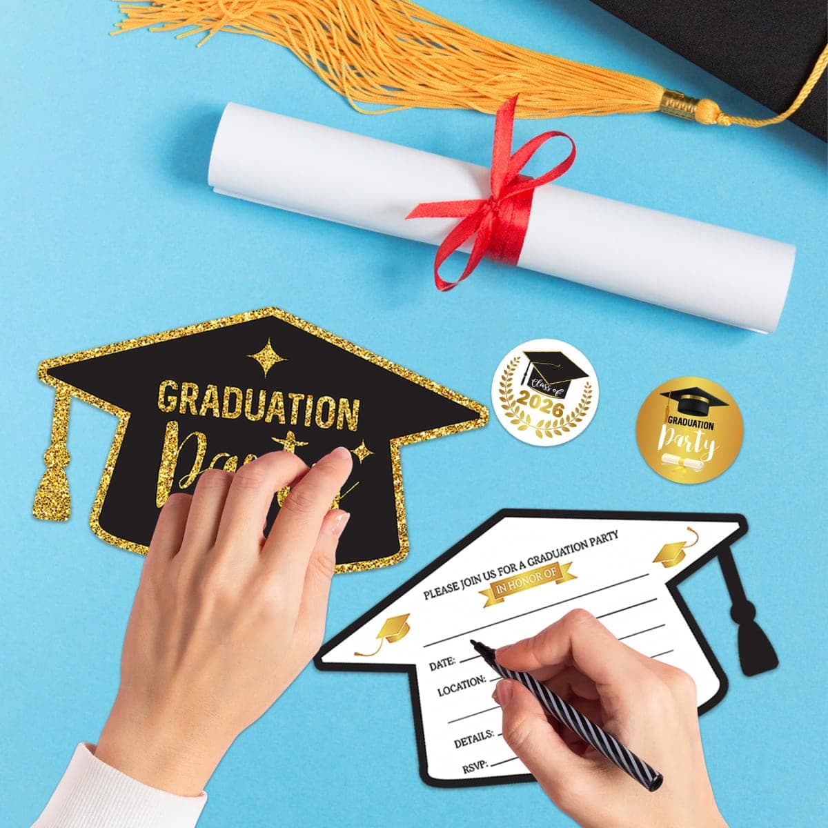 wonmon 30 Set Graduation Party Invitations with Envelopes & Stickers, Black Gold Graduation Hat Shape Congrats Grad Party Invite Cards for College High School Grad Celebration Party Supplies thumbnail 4