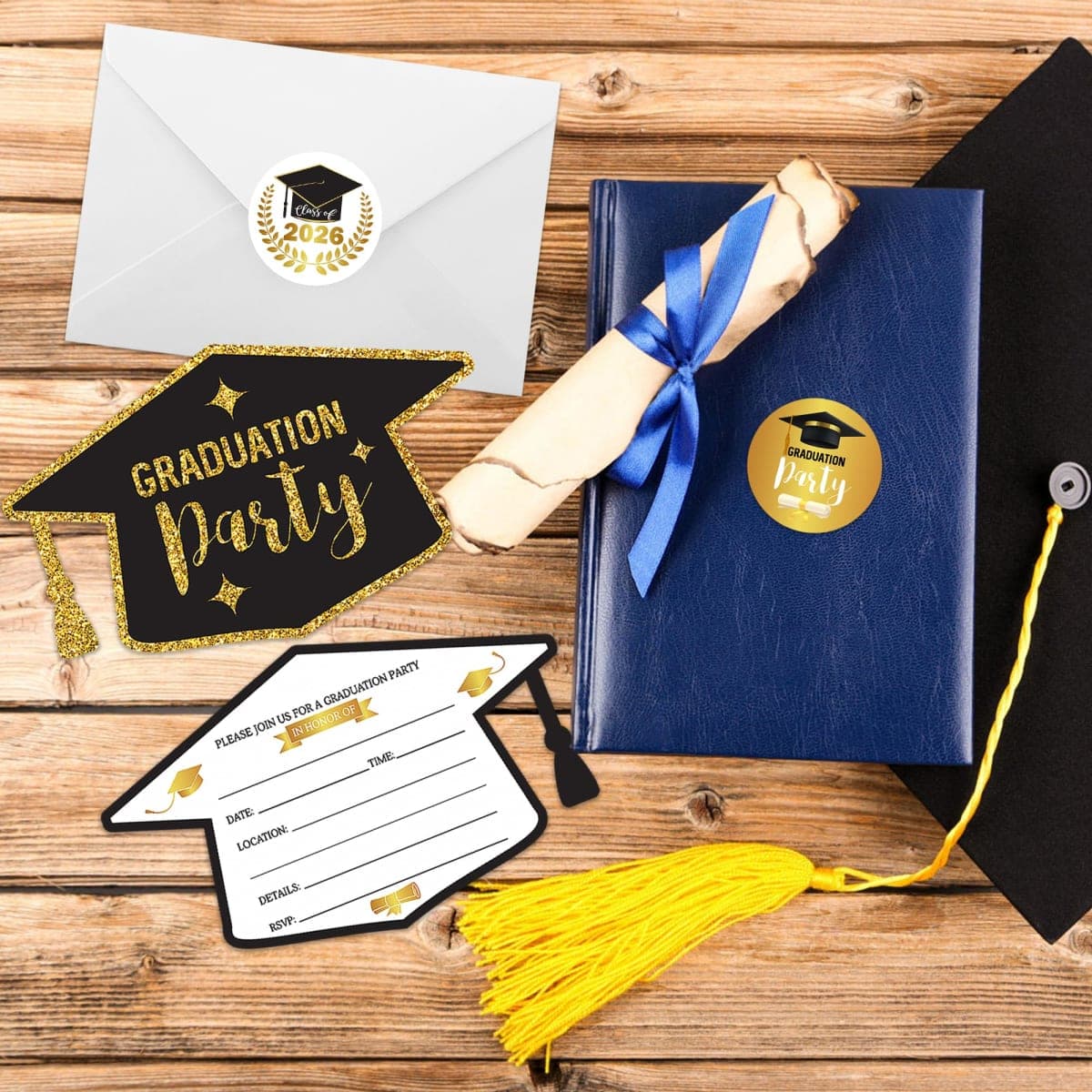 wonmon 30 Set Graduation Party Invitations with Envelopes & Stickers, Black Gold Graduation Hat Shape Congrats Grad Party Invite Cards for College High School Grad Celebration Party Supplies thumbnail 5