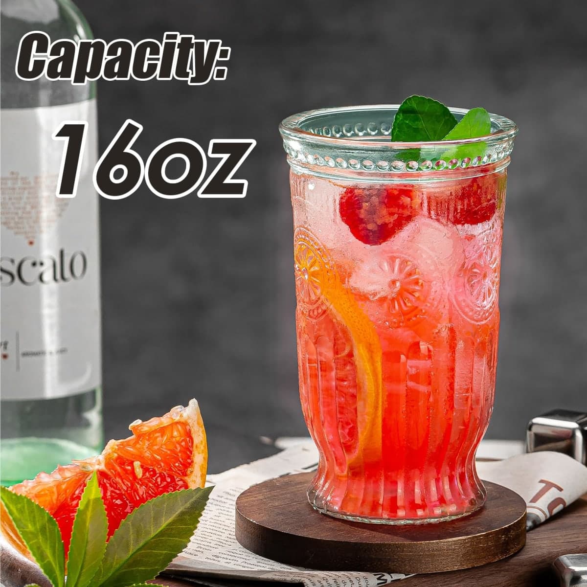 wookgreat Vintage Drinking Glasses, 12 pcs Embossed Designed Highball Glasses, 16oz Glass Cups, Tall Water Glass Tumbler, Mojito Cup, Cocktail Glass, Vintage Glassware Set for Juice, Cocktail, Whiskey thumbnail 2