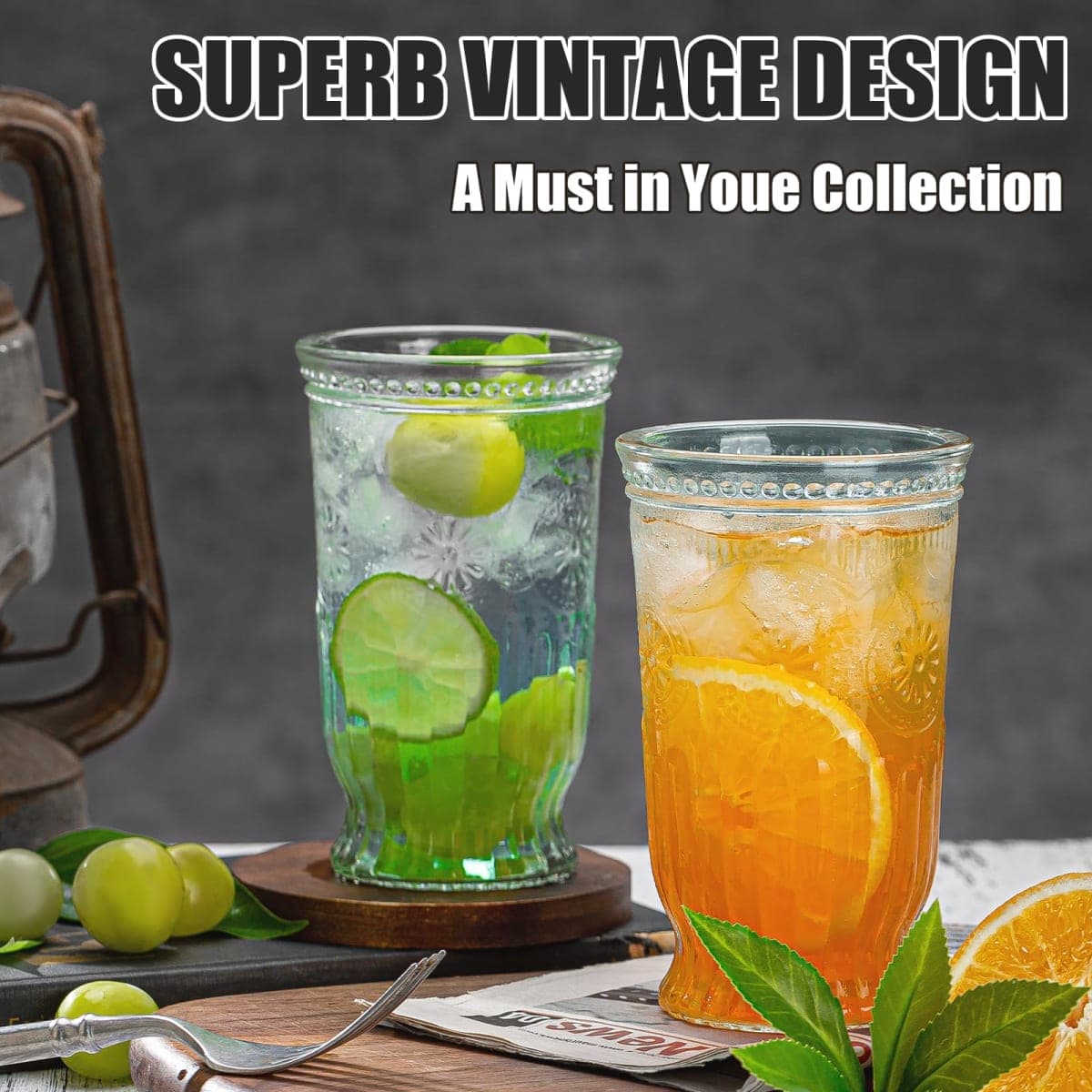 wookgreat Vintage Drinking Glasses, 12 pcs Embossed Designed Highball Glasses, 16oz Glass Cups, Tall Water Glass Tumbler, Mojito Cup, Cocktail Glass, Vintage Glassware Set for Juice, Cocktail, Whiskey thumbnail 3