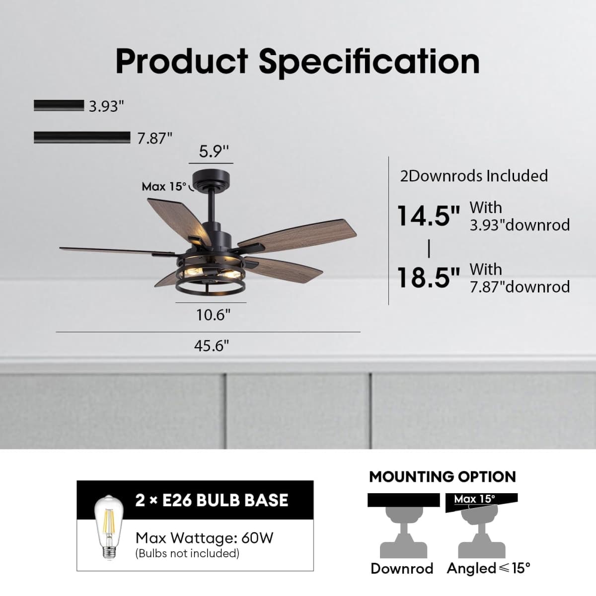 46 Inch Ceiling Fans with Lights and Remote Control, Farmhouse Ceiling Fan for Bedroom Living Room and Patio, Black Caged Ceiling Fan for Indoor and Outdoor thumbnail 2