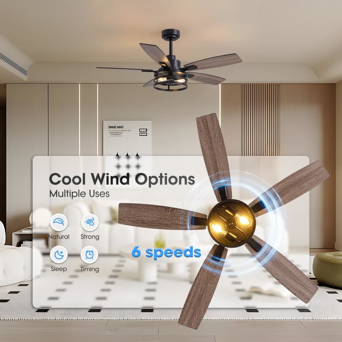 46 Inch Ceiling Fans with Lights and Remote Control, Farmhouse Ceiling Fan for Bedroom Living Room and Patio, Black Caged Ceiling Fan for Indoor and Outdoor thumbnail 5
