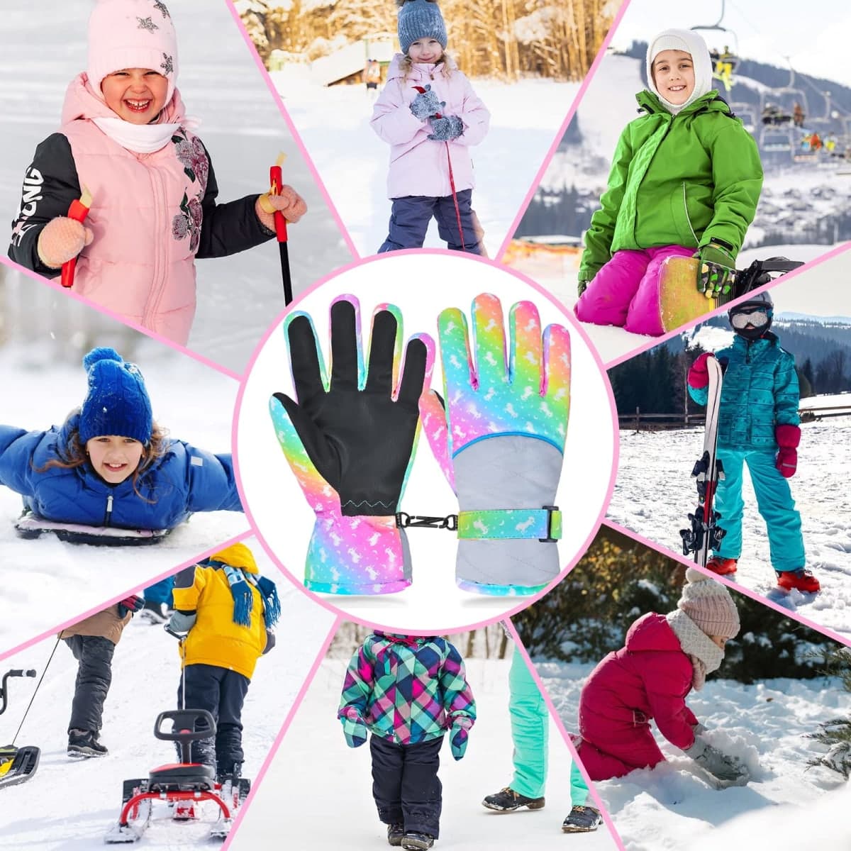 Ausletie Kids Gloves Winter Waterproof Snow Ski Gloves for Girls, Winter Outdoors Warm Snowboard Gloves for Children thumbnail 2