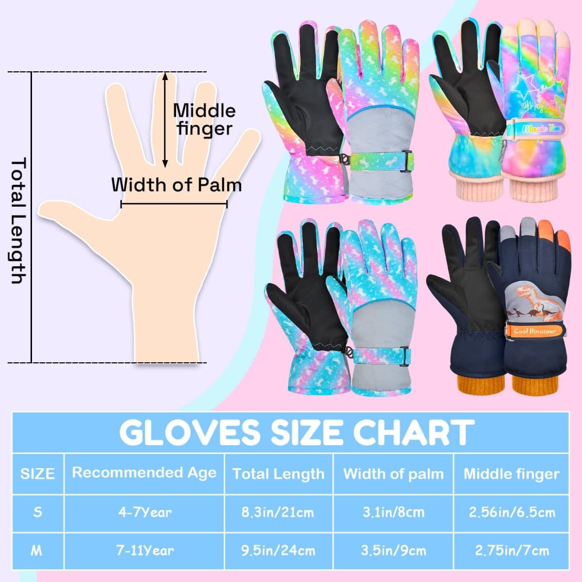 Ausletie Kids Gloves Winter Waterproof Snow Ski Gloves for Girls, Winter Outdoors Warm Snowboard Gloves for Children thumbnail 3